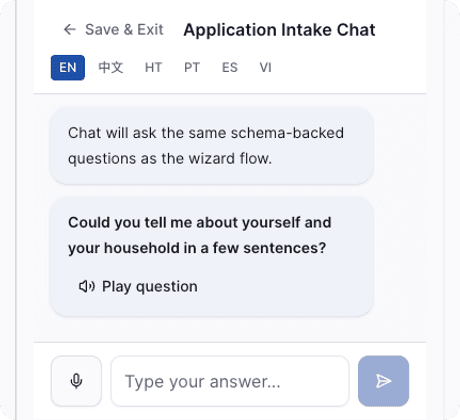 Screenshot: HealthCompass chat/voice application flow on a phone