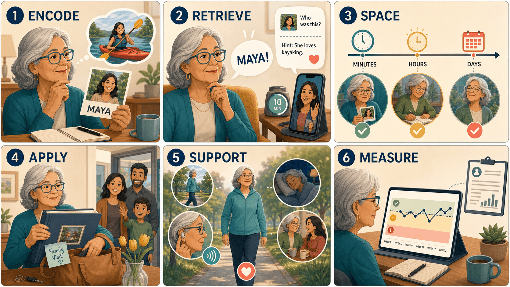 Six illustrated stages of Recall Daily: encode, retrieve, space, apply, support, and measure